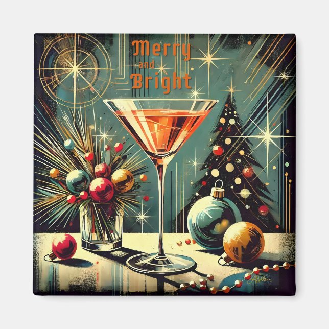 Retro 50s Merry & Bright Christmas Martini Magnet (Front)