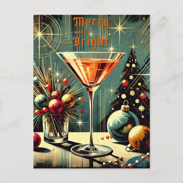 Retro 50s Merry & Bright Christmas Martini Postcard (Front)