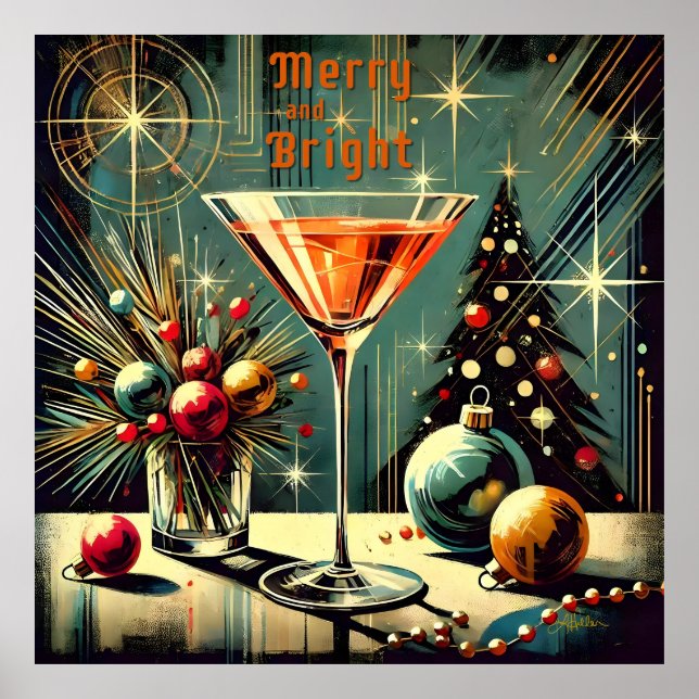 Retro 50s Merry & Bright Christmas Martini Poster (Front)