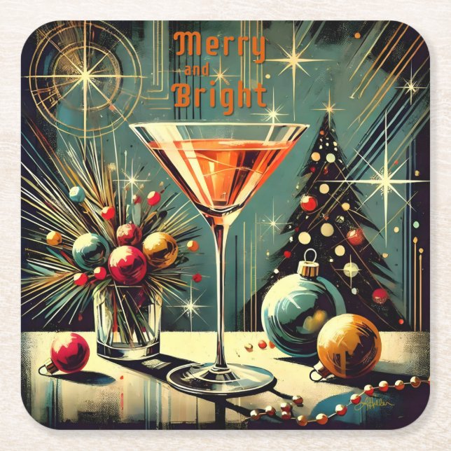 Retro 50s Merry & Bright Christmas Martini Square Paper Coaster (Front)