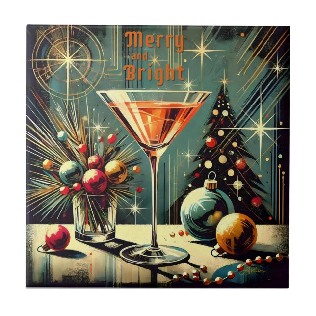 Retro 50s Merry & Bright Christmas Martini Tile (Front)