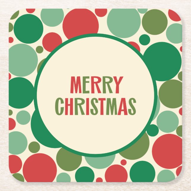 Retro 50s Mid Century Dotted Merry Christmas Square Paper Coaster (Front)