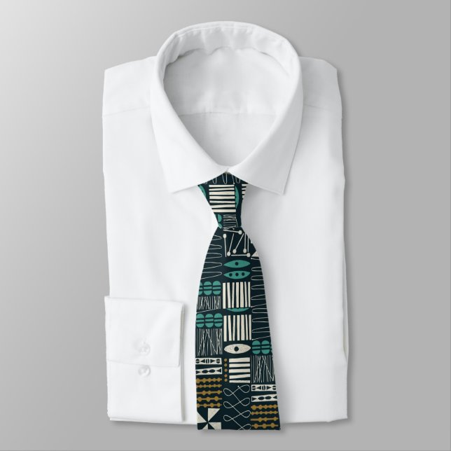 Retro 50s Navy Abstract Geometric Tie (Tied)