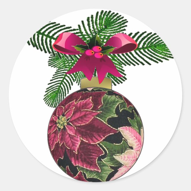 Retro 50s Poinsettia Burgundy Ornament Classic Round Sticker (Front)