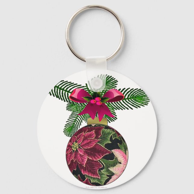 Retro 50s Poinsettia Burgundy Ornament Keychain (Front)