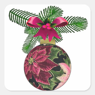 Retro 50s Poinsettia Burgundy Ornament Square Sticker