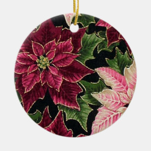 Retro 50s Poinsettia Burgundy Pink Ceramic Ornament