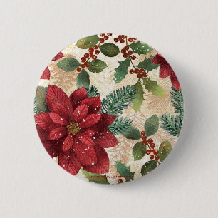 Retro 50s Poinsettia Red Green Cream 2 Inch Round Button