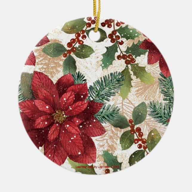 Retro 50s Poinsettia Red Green Cream Ceramic Ornament (Front)