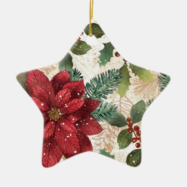 Retro 50s Poinsettia Red Green Cream Ceramic Ornament (Front)