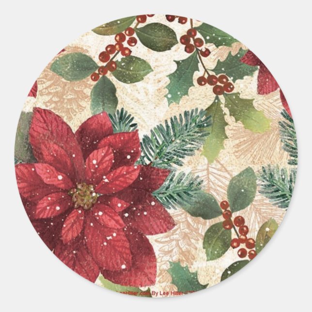 Retro 50s Poinsettia Red Green Cream Classic Round Sticker (Front)