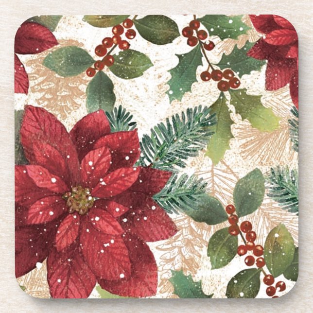 Retro 50s Poinsettia Red Green Cream Coaster (Front)
