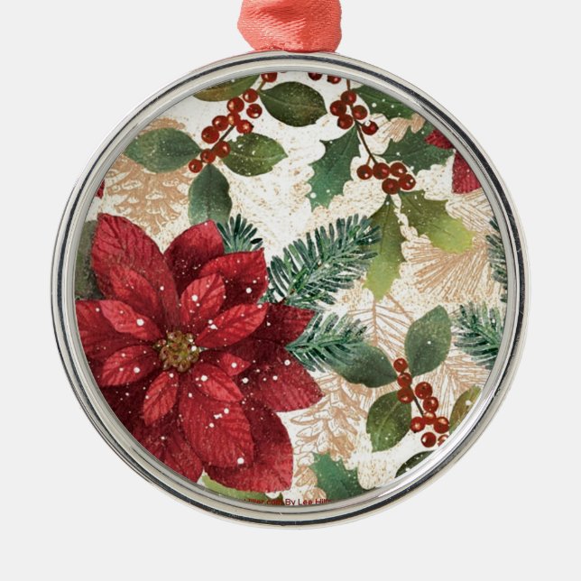 Retro 50s Poinsettia Red Green Cream Metal Ornament (Front)