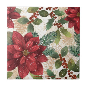 Retro 50s Poinsettia Red Green Cream Tile