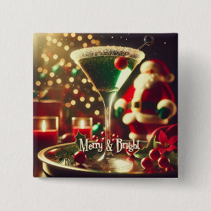 Retro 50s Santa Christmas Green Martini 2 Inch Square Button