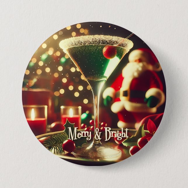 Retro 50s Santa Christmas Green Martini 3 Inch Round Button (Front)