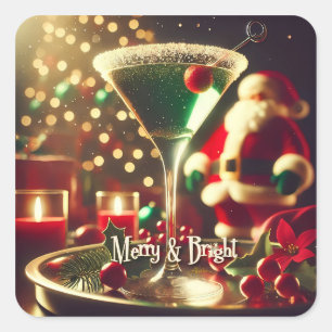 Retro 50s Santa Christmas Green Martini Square Sticker