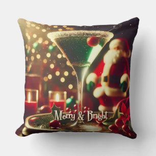 Retro 50s Santa Christmas Green Martini Throw Pillow