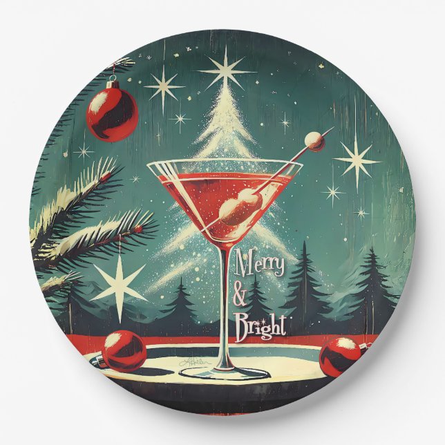 Retro 50s Snow Flurry Christmas Tree Martini Paper Plate (Front)