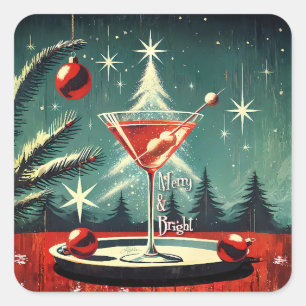 Retro 50s Snow Flurry Christmas Tree Martini Square Sticker