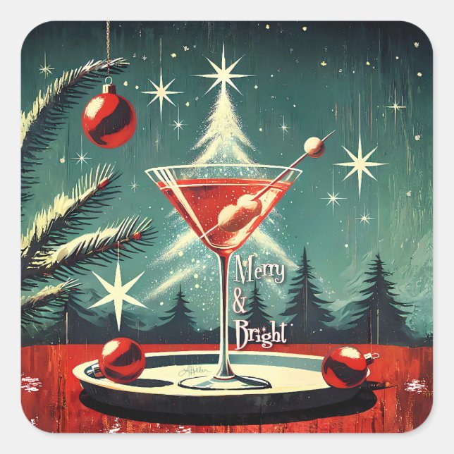 Retro 50s Snow Flurry Christmas Tree Martini Square Sticker (Front)
