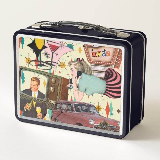 Retro 50s Style California Christmas Collage Metal Lunch Box (Back)