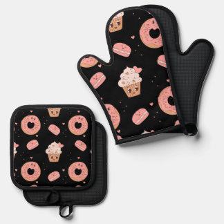 Retro 50s Style Food Character Pattern Oven Mitt & Pot Holder Set