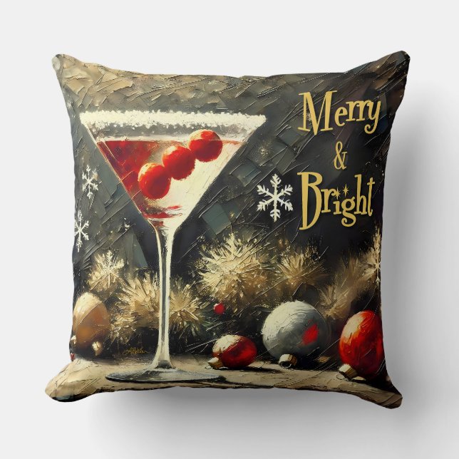 Retro 50s Triple Cranberry Christmas Martini Throw Pillow (Front)