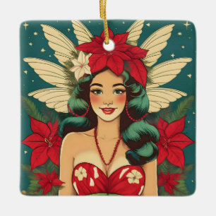 Retro 50s Tropical Christmas Pin-Up Girl Ceramic Ornament