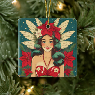 Retro 50s Tropical Christmas Pin-Up Girl Ceramic Ornament