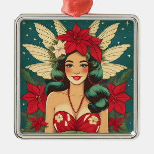 Retro 50s Tropical Christmas Pin-Up Girl Metal Ornament