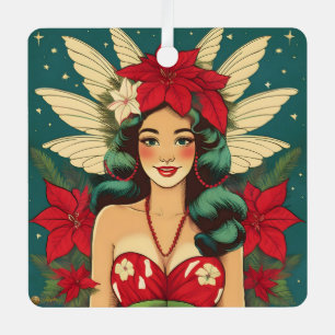 Retro 50s Tropical Christmas Pin-Up Girl Metal Ornament