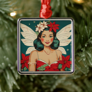 Retro 50s Tropical Christmas Pin-Up Starlet Metal Ornament