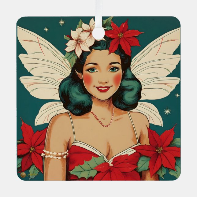Retro 50s Tropical Christmas Pin-Up Starlet Metal Ornament (Front)