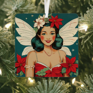 Retro 50s Tropical Christmas Pin-Up Starlet Metal Ornament