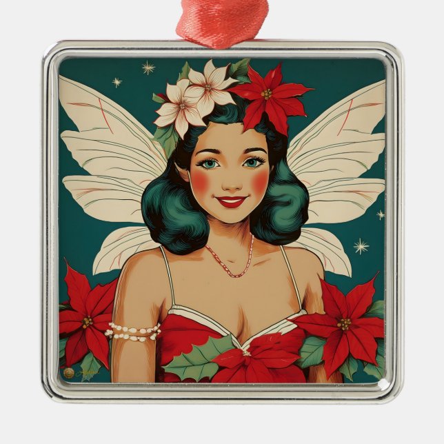 Retro 50s Tropical Christmas Pin-Up Starlet Metal Ornament (Front)