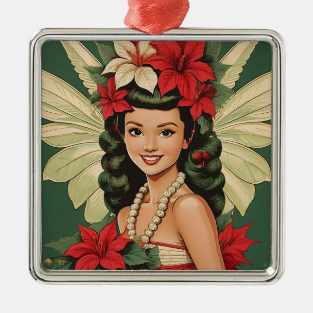 Retro 50s Tropical Christmas Princess Metal Ornament (Front)