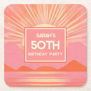Retro 50th Birthday Pink Sunset Paper Coaster