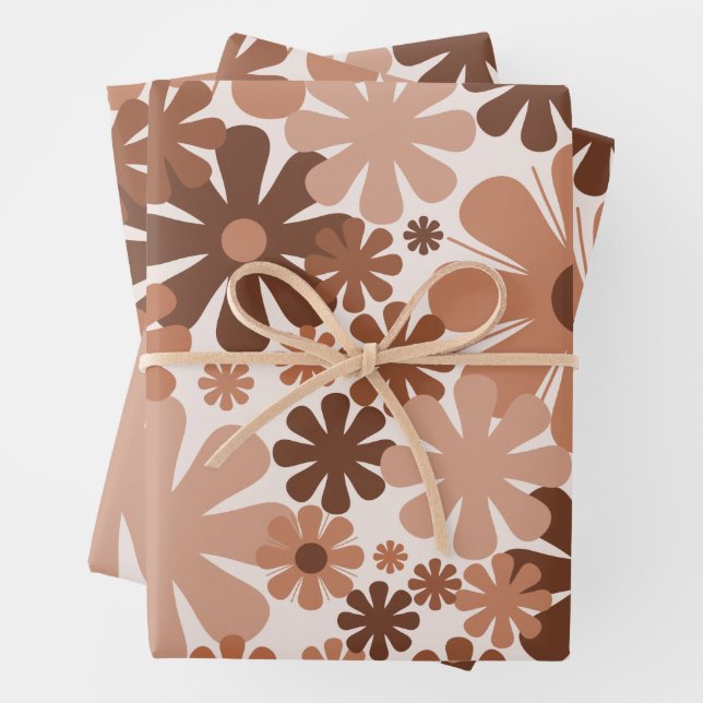 Retro 60s 70s Aesthetic Floral Pattern in Brown Wrapping Paper Sheet (In situ)