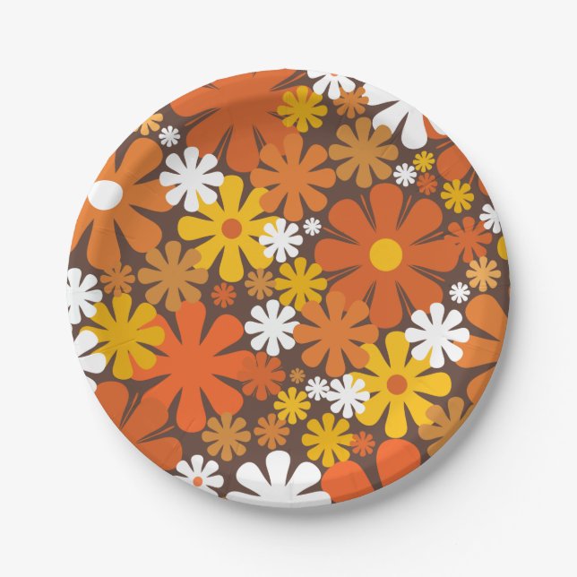 Retro 60s 70s Aesthetic Floral Pattern Paper Plate (Front)