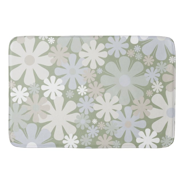 Retro 60s 70s Aesthetic Floral Pattern Sage Green Bath Mat (Front)