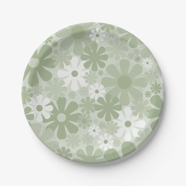 Retro 60s 70s Aesthetic Floral Pattern Sage Green Paper Plate (Front)