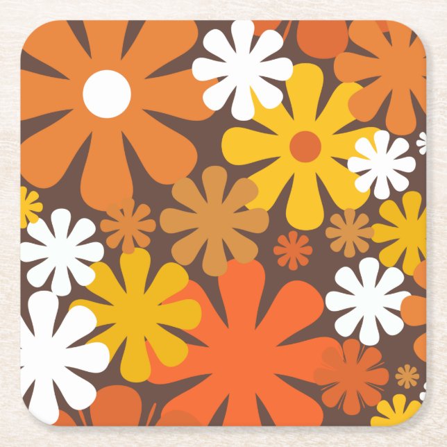 Retro 60s 70s Aesthetic Floral Pattern Square Paper Coaster (Front)