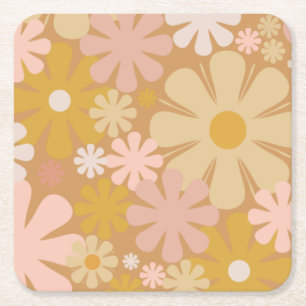 Retro 60s 70s Aesthetic Floral Pattern Square Paper Coaster