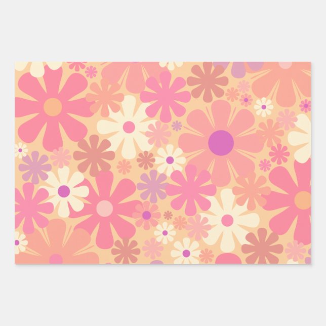 Retro 60s 70s Aesthetic Floral Pattern Wrapping Paper Sheet (Front)