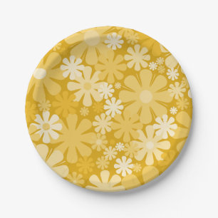 Retro 60s 70s Aesthetic Floral Pattern Yellow Paper Plate