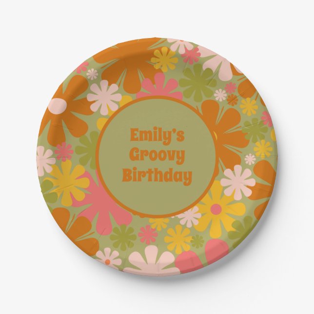 Retro 60s 70s Aesthetic Floral Personalized Groovy Paper Plate (Front)