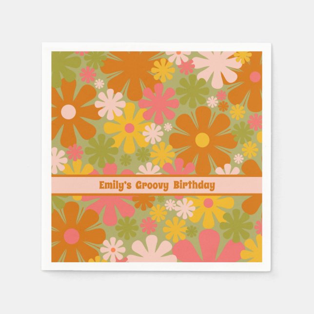 Retro 60s 70s Aesthetic Floral Personalized Napkin (Front)