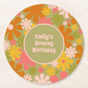 Retro 60s 70s Aesthetic Groovy Floral Personalized Round Paper Coaster