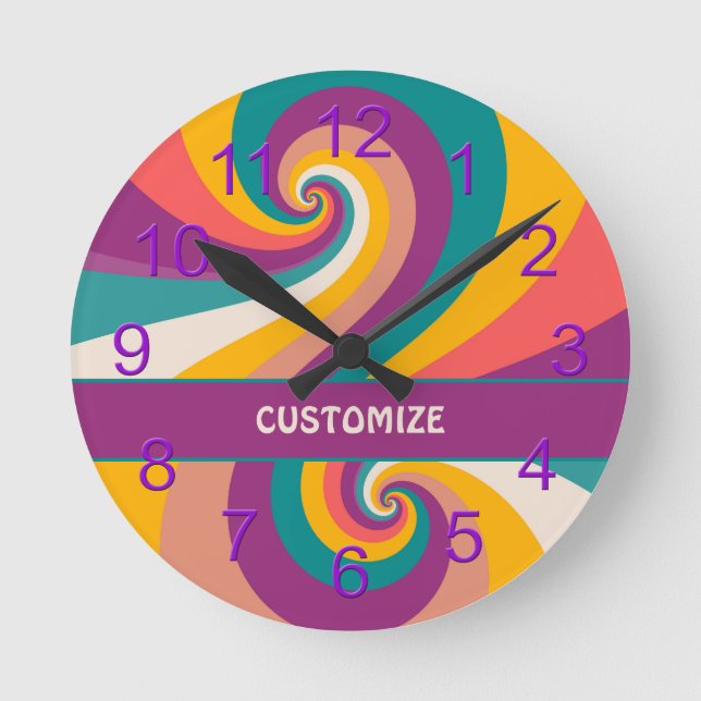Retro 60s 70s Colourful Hippie Boho Swirl Round Clock (Front)